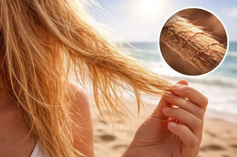 Sun damaged hair with dry, brittle strands from beach sun exposure