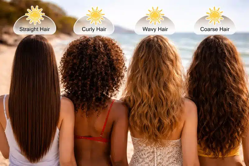 Sun damaged hair across straight, curly, wavy, and coarse hair types on beach