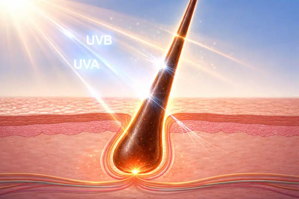 Sun damaged hair showing UVA and UVB rays affecting hair follicle structure