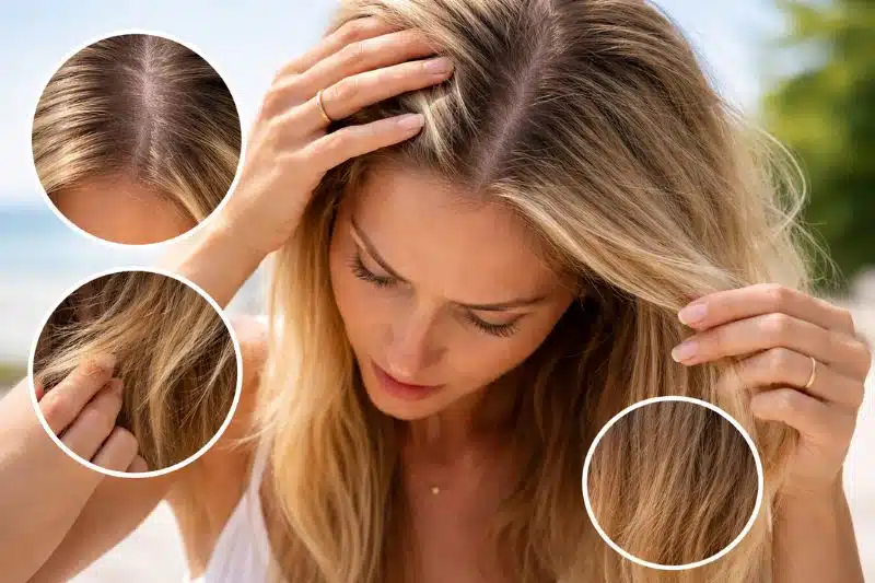 Sun damaged hair with dry roots, split ends, and brittle strands visible