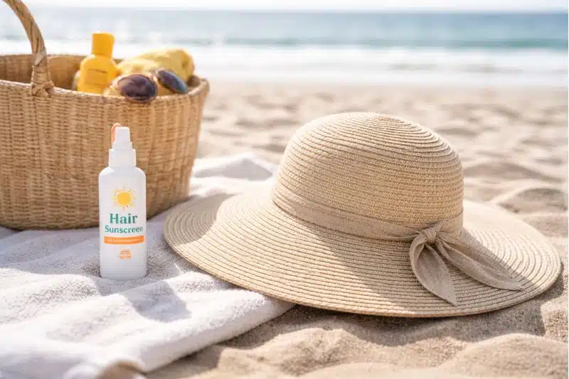 Sun damaged hair prevention with hat and hair sunscreen on beach