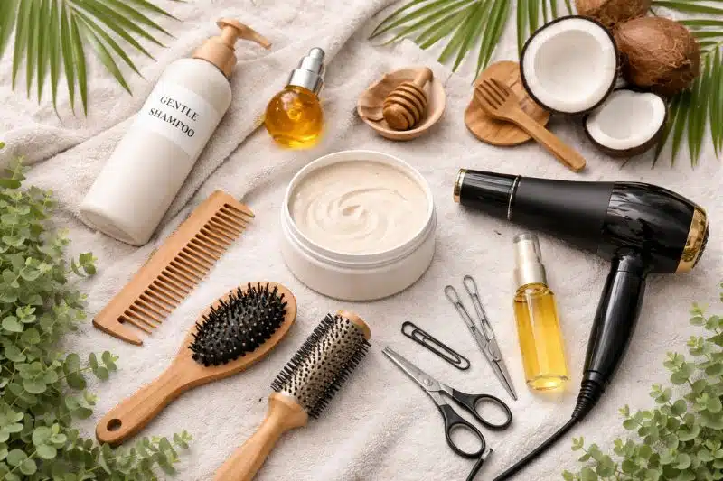 Sun damaged hair repair products including oils, shampoo, and styling tools for treatment