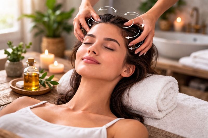 Relaxing scalp massage for hair growth in spa setting.
