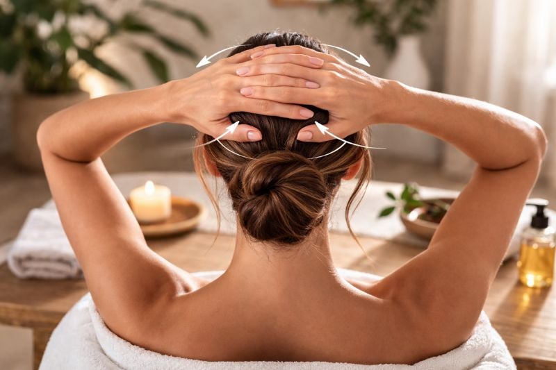 Woman performing scalp massage for hair growth with circular hand movements.