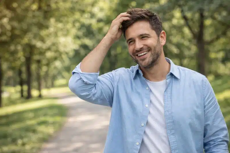 Smiling man with full hair results asking is hair transplant permanent