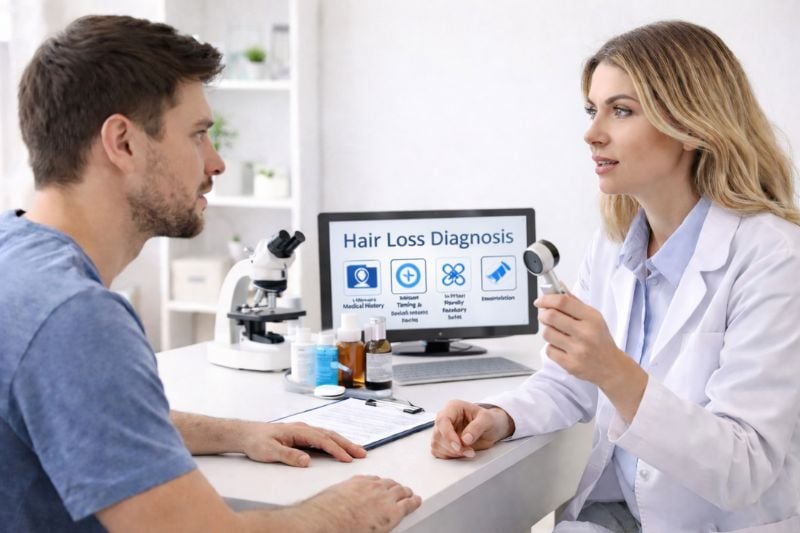 Doctor explaining non surgical hair restoration options to male patient during clinic consultation