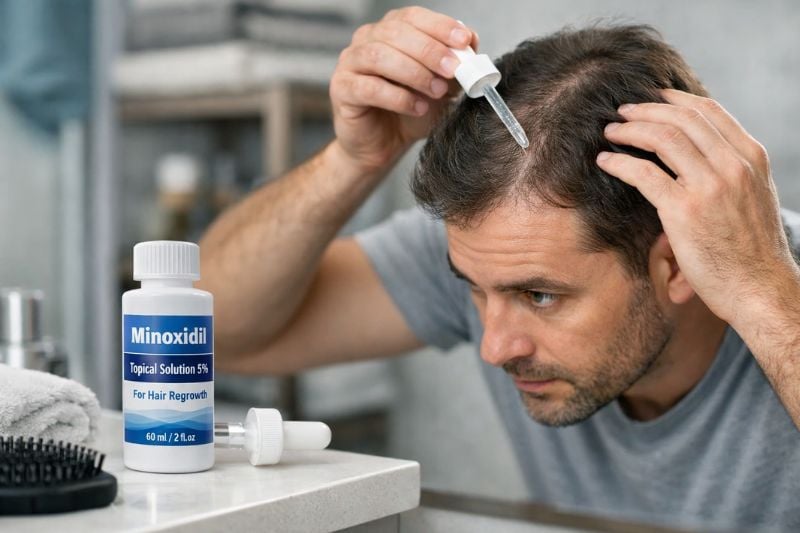 Man applying minoxidil treatment as part of non surgical hair restoration routine