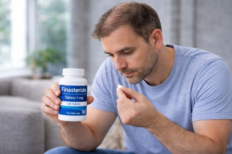 Man taking finasteride tablets as part of non surgical hair restoration treatment