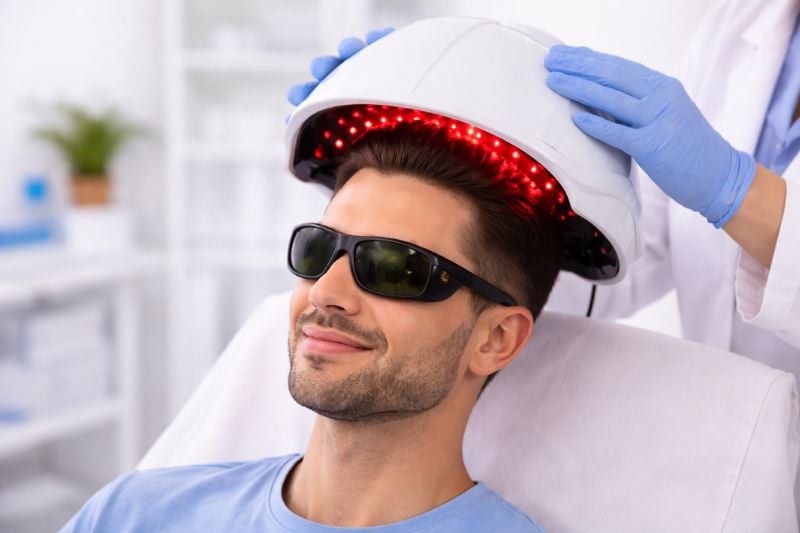 Man undergoing laser therapy session for non surgical hair restoration treatment