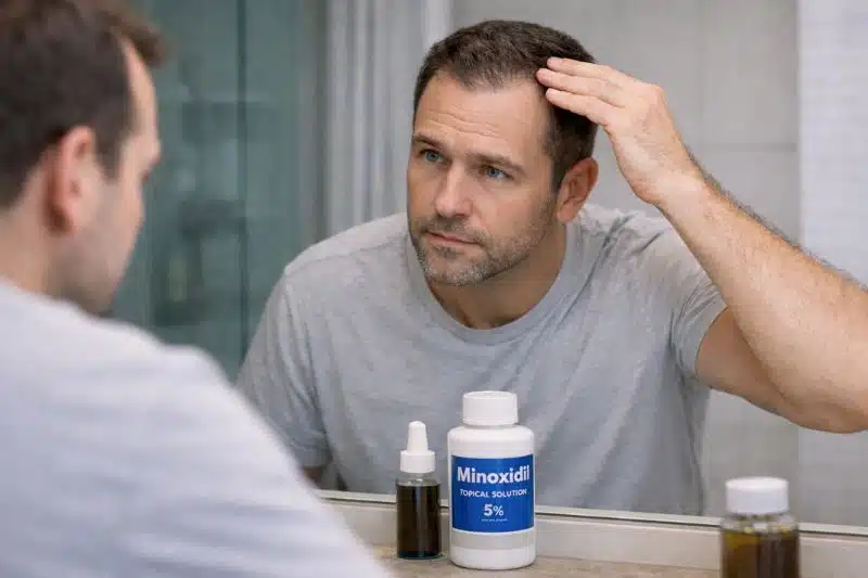 Man applying minoxidil while checking hairline showing early signs in 7 stages of hair loss