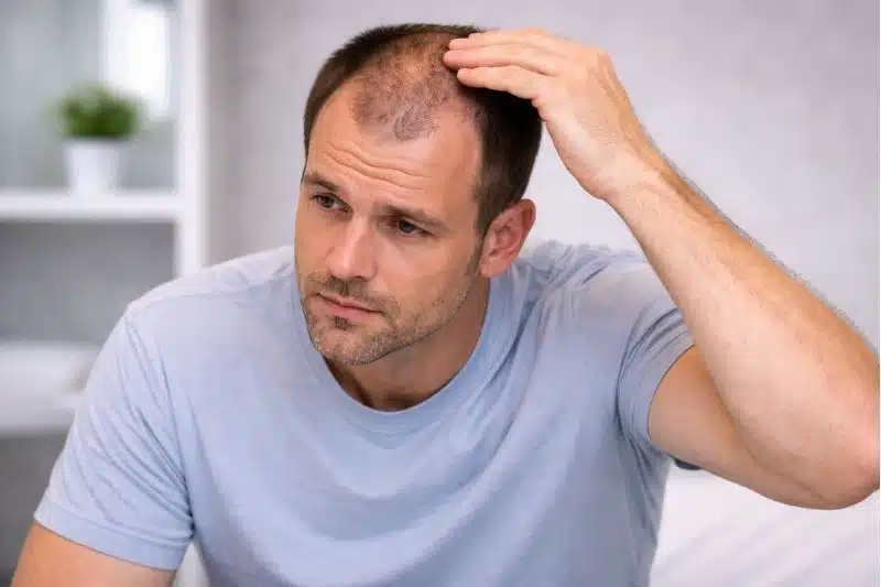Man examining thinning crown in mirror, illustrating progression in 7 stages of hair loss