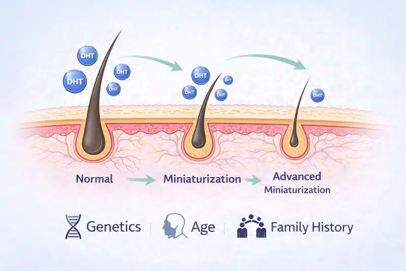 Diagram showing DHT impact and follicle miniaturisation across 7 stages of hair loss