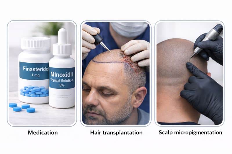 Hair loss treatments including medication, transplant, and micropigmentation across 7 stages of hair loss