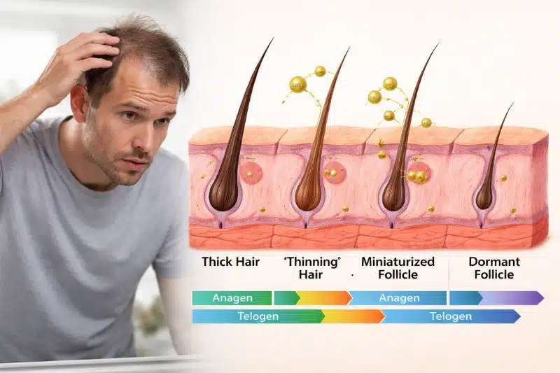 Man examining hair loss with diagram showing finasteride or minoxidil effects on follicles