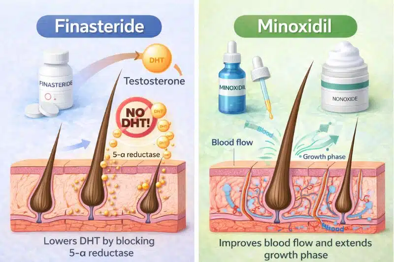 Finasteride or minoxidil comparison showing DHT blocking and hair growth stimulation mechanisms