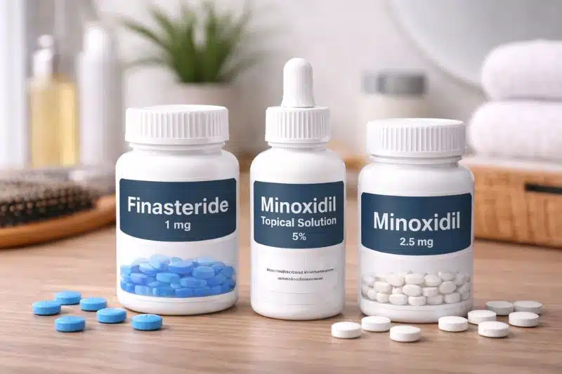 Finasteride or minoxidil bottles and tablets displayed for hair loss treatment comparison