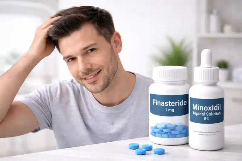 Man with healthy hair beside trying to choose finasteride or minoxidil products for hair loss treatment