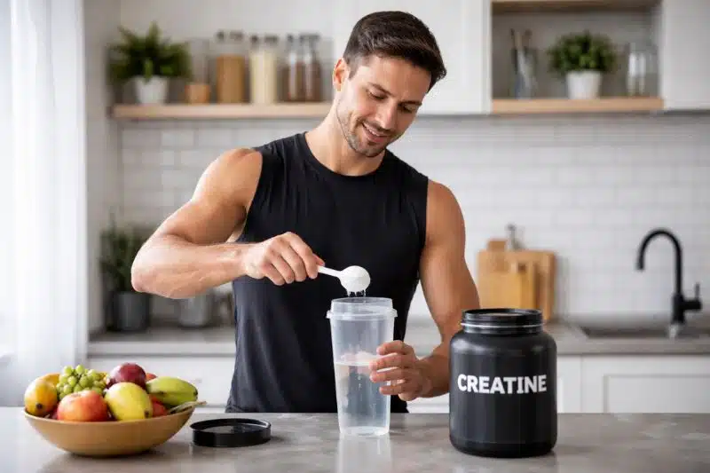 Man mixing creatine supplement, exploring does creatine cause hair loss question