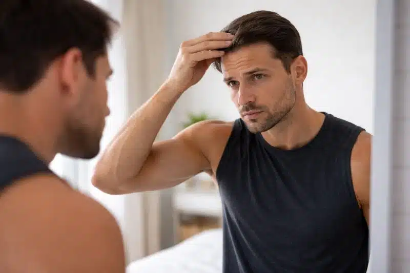 Man checking hairline in mirror, questioning does creatine cause hair loss