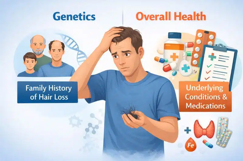 Illustration of genetics and health factors explaining how much hair loss is normal