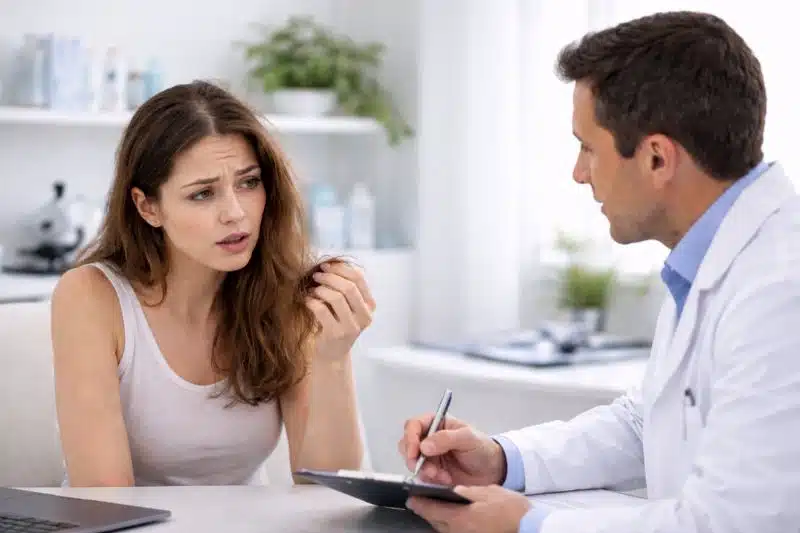 Woman consulting doctor about which vitamin deficiency causes hair loss