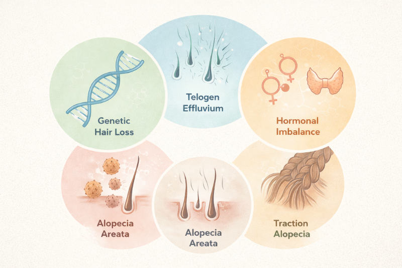 Illustration of hair loss in 20s causes including genetics, hormonal imbalance, and alopecia types