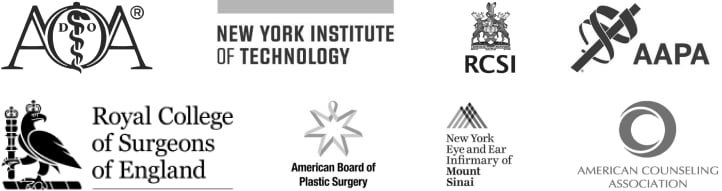 Accreditation logos for our hair restoration services: AOA, NYIT, Royal College of Surgeons, ABPS, and more. Trust our expertise.