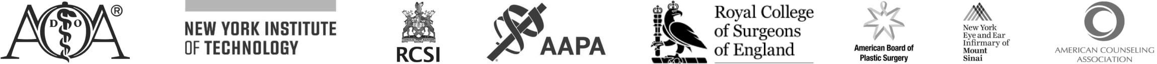 Accreditation logos for our hair restoration services: AOA, NYIT, Royal College of Surgeons, ABPS, and more. Trust our expertise.