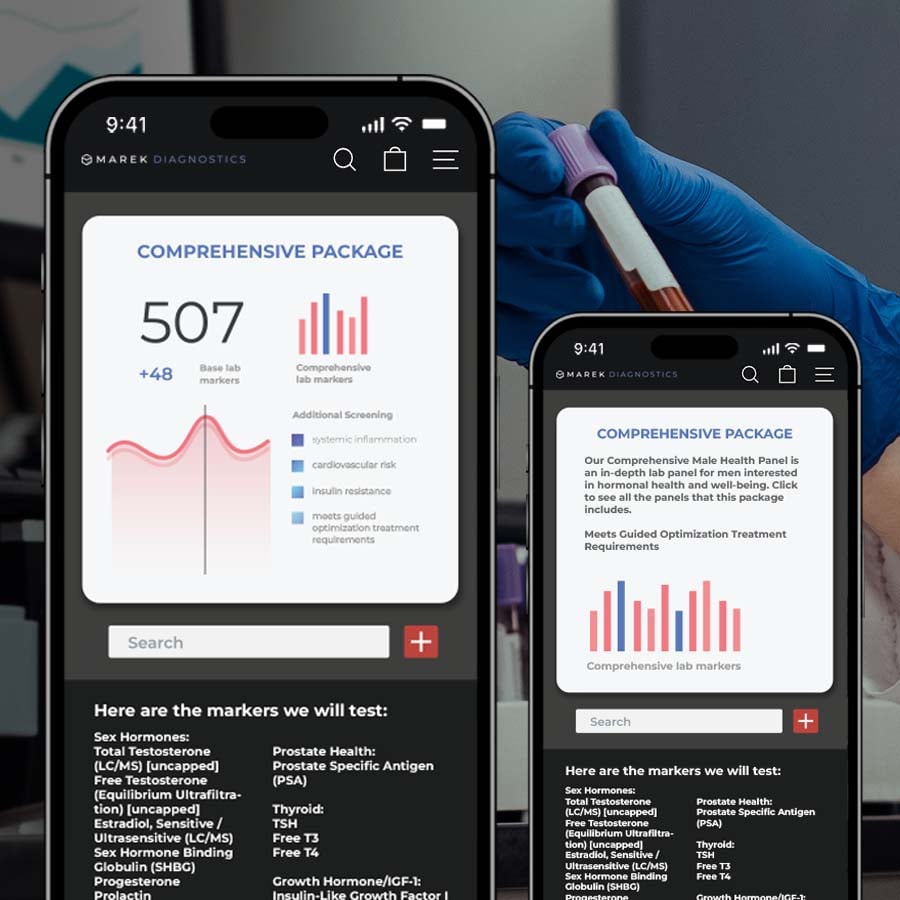 Marek Diagnostics Comprehensive Health Panel: Blood test for hormonal health impacting hair loss. Male health screening.