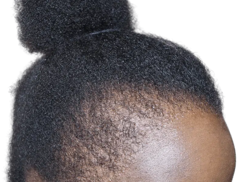 Natural hairline of African American woman. Consider hair restoration options for thinning or receding hairlines. Before/after possibilities.