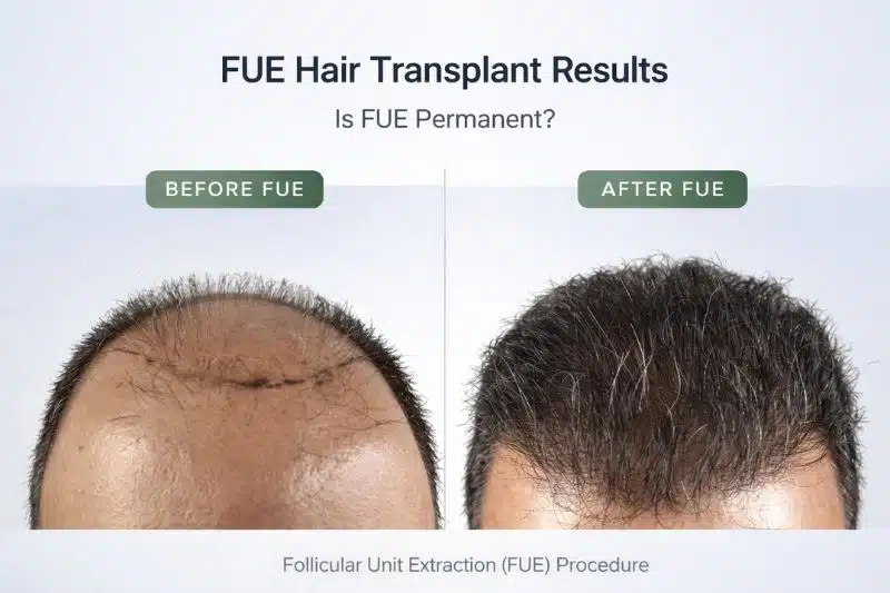 Before and after FUE showing minimal hair transplant scar visibility