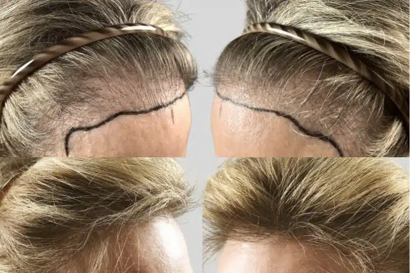 Close-up of hair transplant scar along marked hairline area