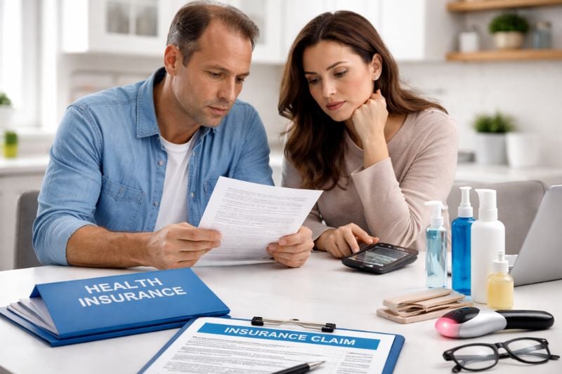 Couple reviewing policy documents wondering if insurance cover hair transplant costs at home