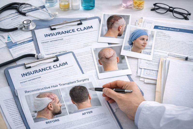 Insurance claim forms and hair transplant photos showing if insurance can cover hair transplant cases