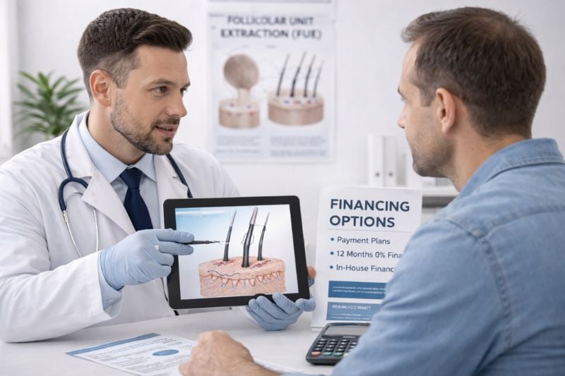 Doctor explaining procedure and costs to patient discussing if insurance can cover hair transplant options
